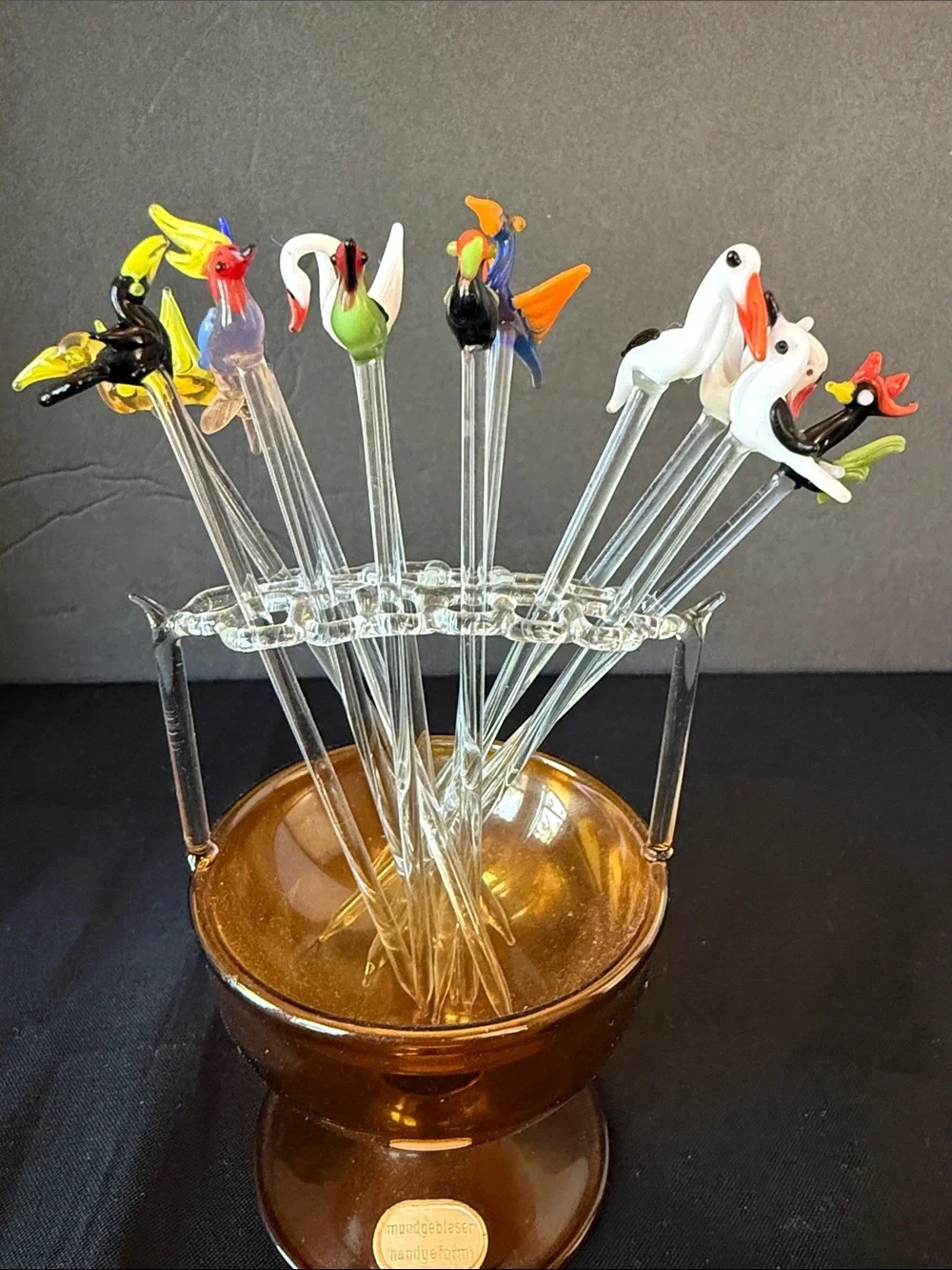 Lauscha Germany Hand Blown Glass Bird  Cocktail Pick Set W/Amber Holder.